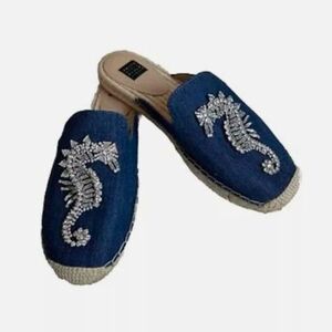 New Sz 8 Embellished Denim Jeans Slip-On Mules Shoes Sandal Seahorse Rhinestones